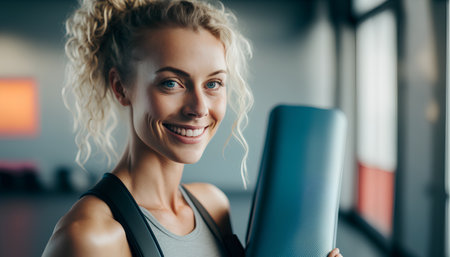 smiling sportswoman with fitness mat looking at camera in gymの素材
