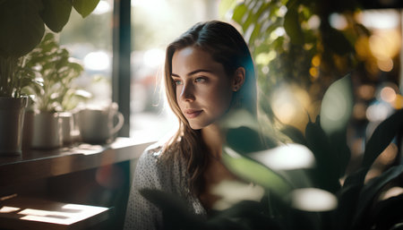 Portrait of a beautiful young woman sitting in a cafe and looking awayの素材
