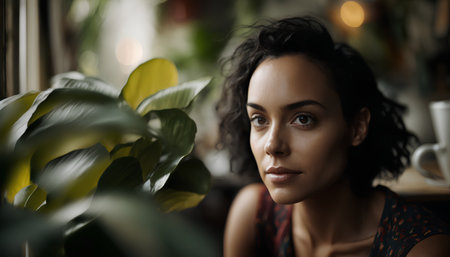 Portrait of a beautiful young woman sitting in a coffee shop.の素材