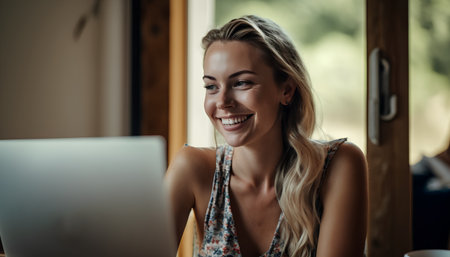 Portrait of beautiful young woman using laptop while sitting in cafe.の素材