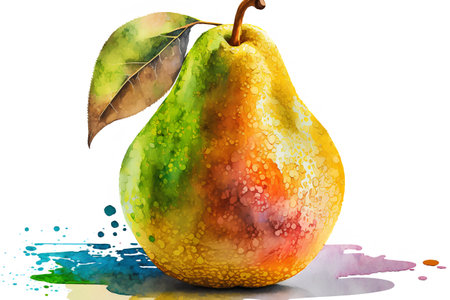 Watercolor pear on watercolor splashes background. Vector illustration.の素材