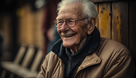 Portrait of a senior man smiling at the camera in the streetの素材