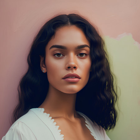 Portrait of a beautiful young woman with long curly hair on a pink backgroundの素材