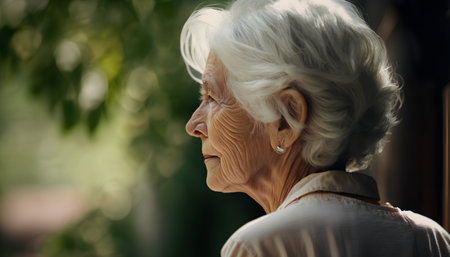 Portrait of an elderly woman in the park. Side view.の素材