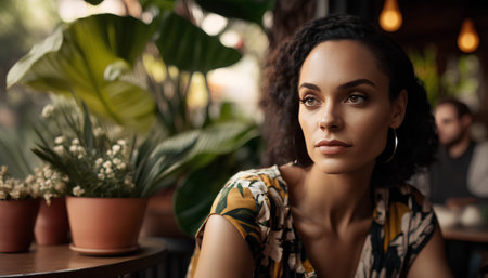 Close up portrait of beautiful african american woman sitting in cafe.の素材