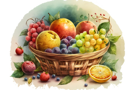 Watercolor illustration of fruits in a wicker basket on a white backgroundの素材