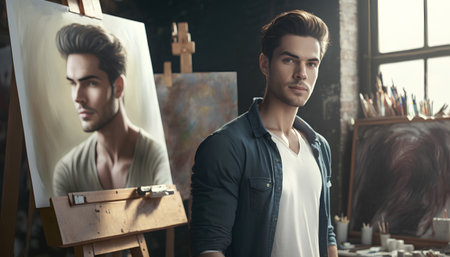 Handsome young man painting on canvas while standing in art studioの素材