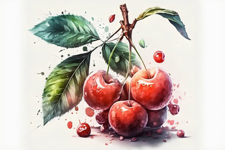 Cherries with leaves in watercolor style. Vector illustration.の素材