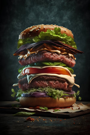 Big hamburger with beef, cheese and vegetables on a dark backgroundの素材
