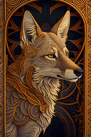 Illustration of a wolf in a wooden frame with a pattern.の素材