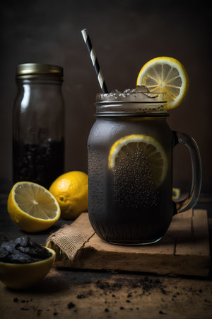 Black tea with lemon and ice in a glass mug on a wooden backgroundの素材