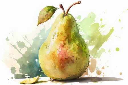 Watercolor illustration of pear on a white background with splashes.の素材