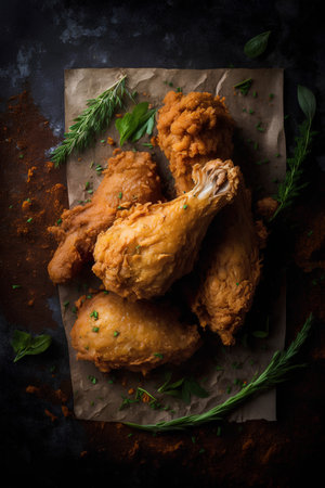 Crispy fried chicken drumsticks with herbs on rustic backgroundの素材