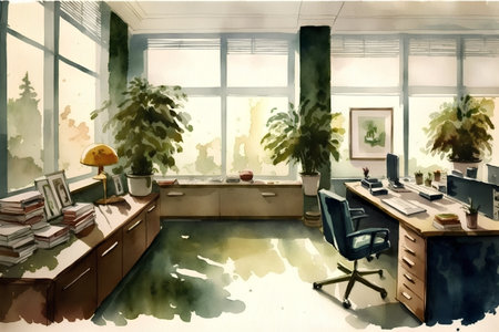 Interior of a modern office. Digital watercolor painting, illustrationの素材