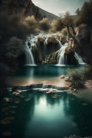 Waterfall in the desert. 3d rendering. Computer digital drawing.の素材