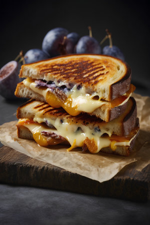 Homemade cheese sandwich with grape and plums on a dark backgroundの素材