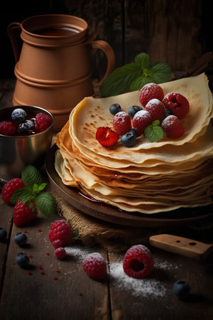 Pancakes with raspberries and blueberries on a wooden backgroundの素材