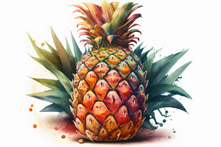 Pineapple tropical fruit with watercolor splash. Vector illustration.の素材