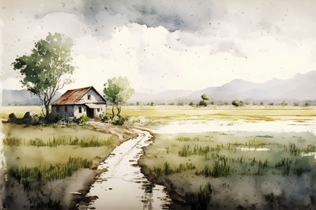 Landscape of rice field with old house in watercolor style.の素材