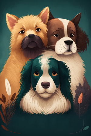 Three dogs of different breeds in the style of a collage.の素材