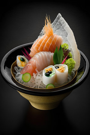 Japanese food. Sashimi, sashimi and nigiri sushi in a bowl on a black background.の素材
