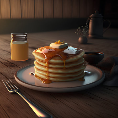 Pancakes with butter and honey on a wooden table. 3d renderingの素材