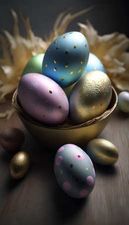 Colorful easter eggs in a basket on a wooden background.の素材