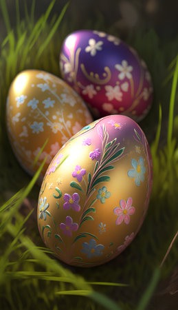 Painted Easter eggs in the grass. 3d render illustration.の素材