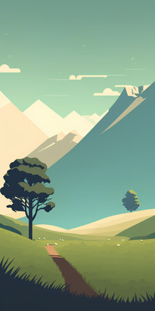 Landscape with mountains and trees. Vector illustration in flat style.の素材