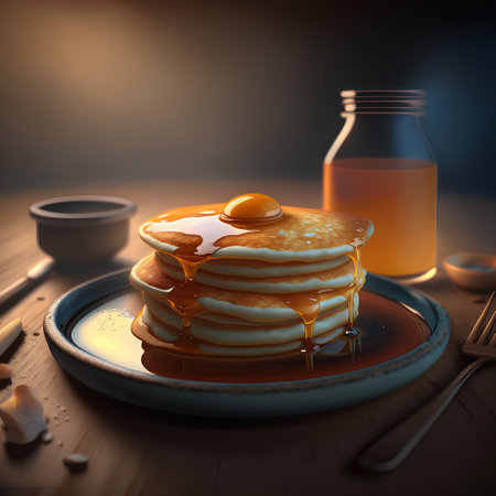 Pancakes with honey on a wooden table. 3d illustrationの素材