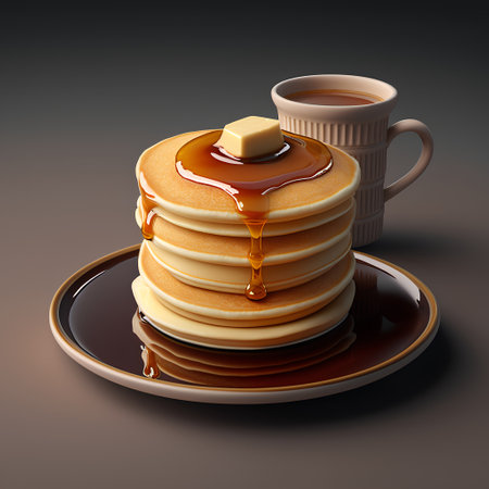 Pancakes with honey and cup of coffee. 3d illustrationの素材