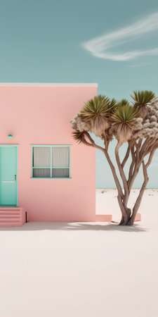 3D rendering of a pink house in the desert with palm treesの素材