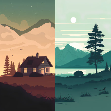 Landscape with mountains, forest, lake and house. Vector illustrationの素材