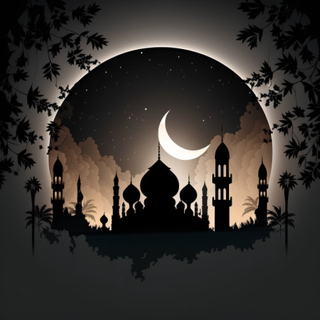 Vector illustration of Ramadan Kareem background with mosque and crescent moonの素材