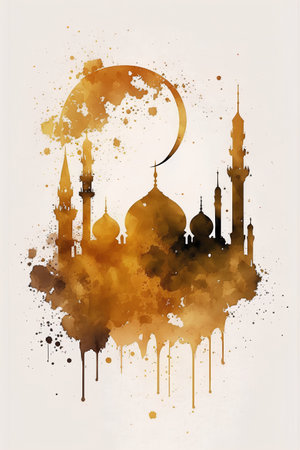 Abstract watercolor background with mosque and crescent. Vector illustration.の素材