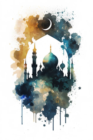 Ramadan Kareem greeting card with mosque silhouette on watercolor background.の素材