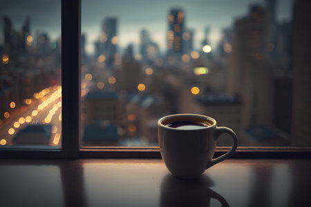 Coffee cup on the windowsill with city view background.の素材