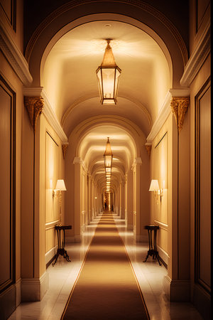 Luxury hotel corridor with lamps. 3d render illustration.の素材