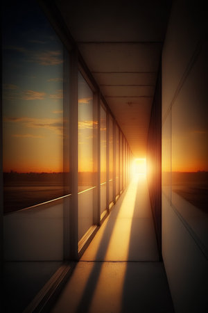 sunset in airport corridor, 3d render concept of business travelの素材