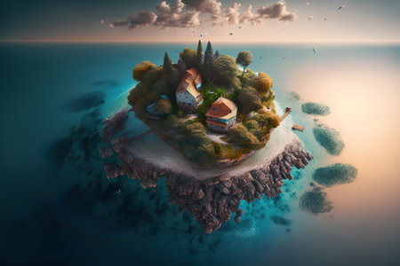 Small island in the sea, 3d render. Computer digital drawing.の素材