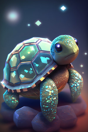 3d rendering of a little turtle on a dark background with neon lightsの素材