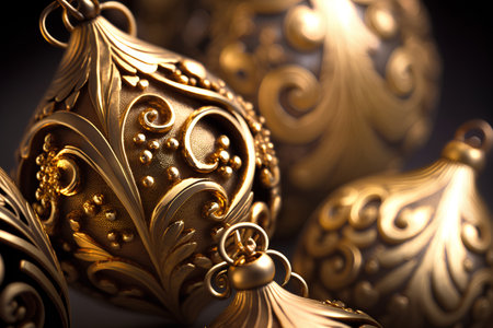 Golden Christmas ornaments on dark background. 3D illustration.の素材