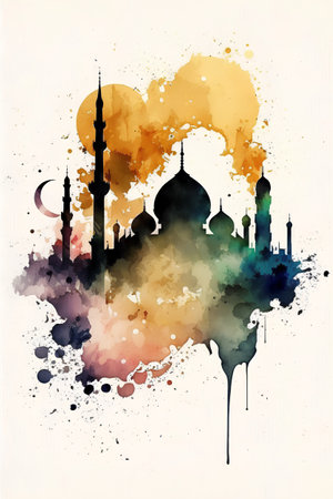 Watercolor silhouette of mosque on watercolor background. Ramadan Kareemの素材
