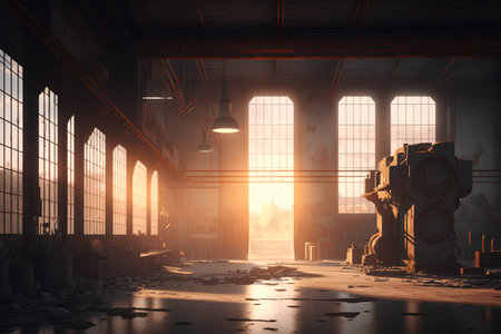 3d render of an industrial interior with a large window and a robotの素材