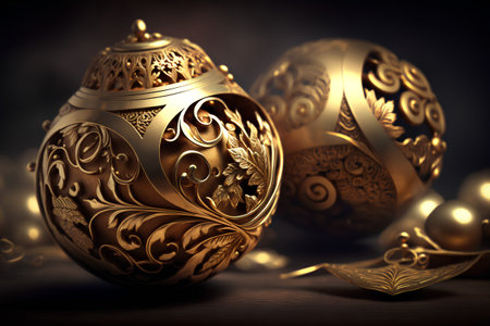 Golden Christmas ornaments on dark background. 3D illustration.の素材