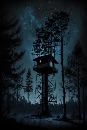 Wooden observation tower in the woods at night. Vector illustration.の素材