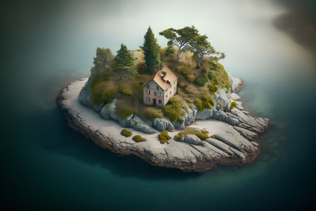 Aerial drone view of a small island with a small church in the middle of the seaの素材