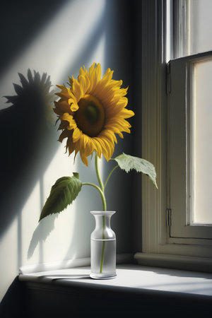 Sunflower in a vase on the windowsill. 3d renderの素材