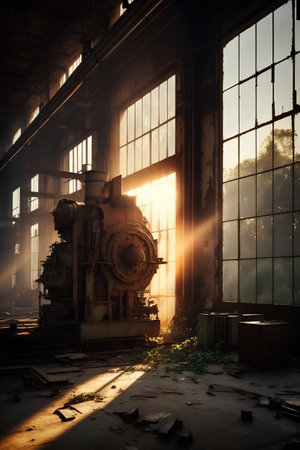 Abandoned factory interior with old industrial equipment and windows at sunsetの素材