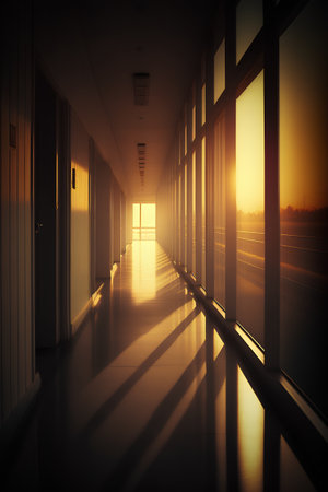 Interior of a corridor with sunlight coming through the window, 3d renderの素材